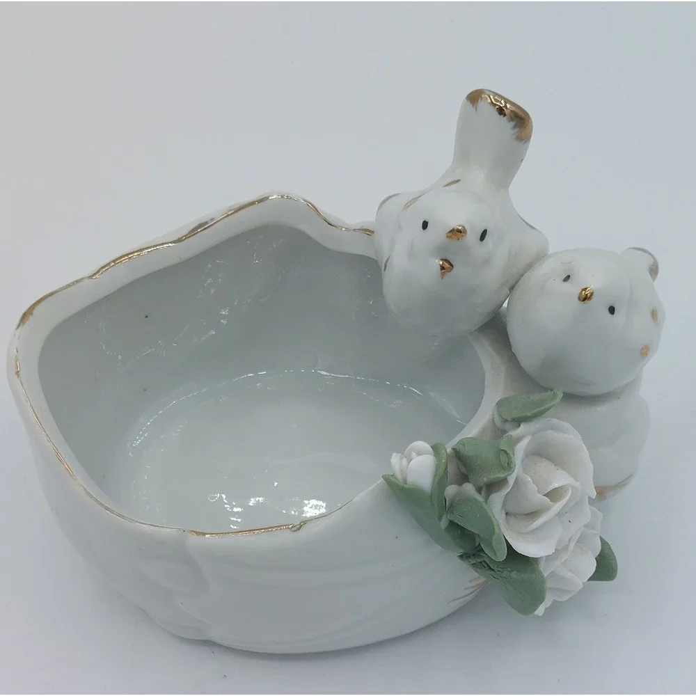 Vtg Porcelain Trinket Dish Planter Dove Birds Raised Flowers White Gold Trim